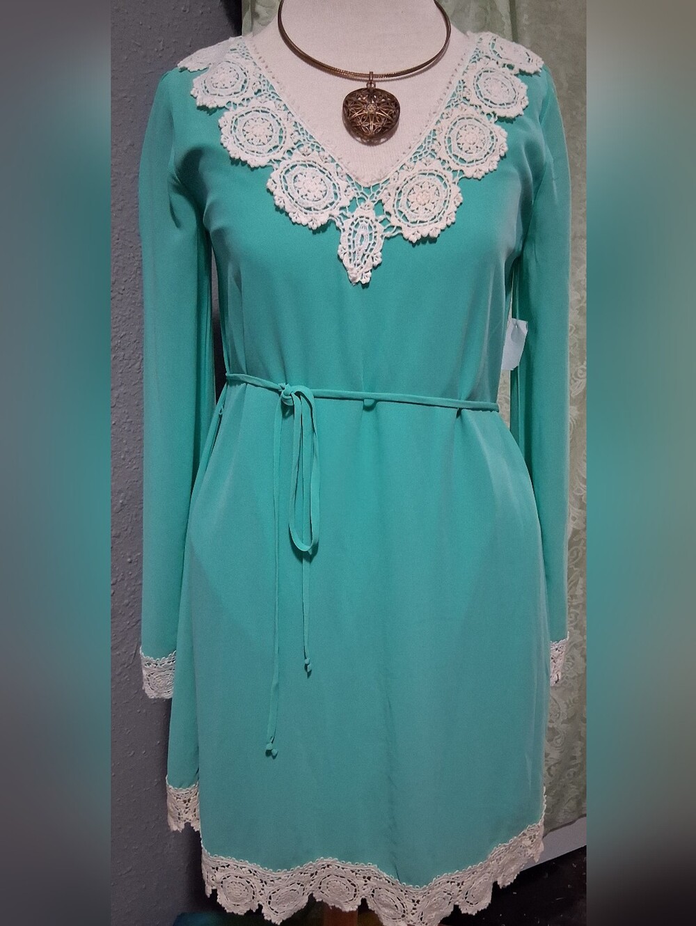 Jodi Kristopher Teal Lace-Trim  Dress